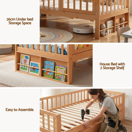 Artiss Kids Single Bed Frame with 3 Storage Drawer Montessori Bed for Toddler Natural.