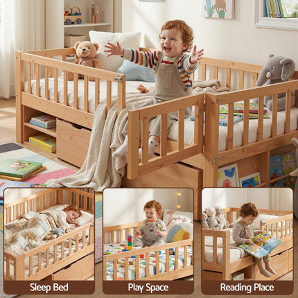 Artiss Kids Single Bed Frame with 3 Storage Drawer Montessori Bed for Toddler Natural.