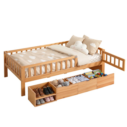 Artiss Kids Single Bed Frame with 3 Storage Drawer Montessori Bed for Toddler Natural.