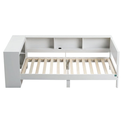 Artiss White Single Solid Wood Corner Platform Bed Frame with Built-in Desk, Storage Shelves and USB-C Charging Station for Small Spaces, Wooden Bed Base for Guest Room