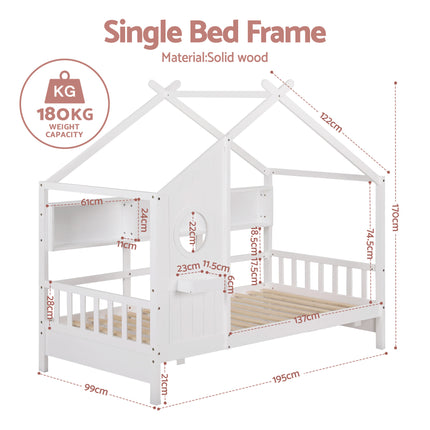 Artiss Kids Single Bed Frame House Bed Solid Wood Montessori Bed for Toddler White.