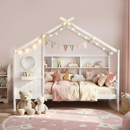 Artiss Kids Single Bed Frame House Bed Solid Wood Montessori Bed for Toddler White.