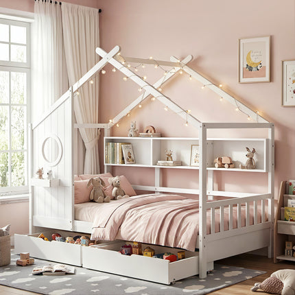 Artiss Kids Single Bed Frame with 3 Storage Bookcase & 2 Drawers House Bed Solid Wood Montessori Bed Easy Assembly White.