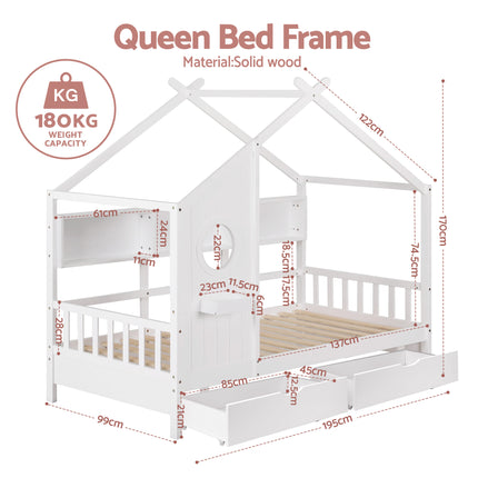 Artiss Kids Single Bed Frame with 3 Storage Bookcase & 2 Drawers House Bed Solid Wood Montessori Bed Easy Assembly White.