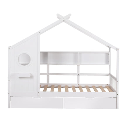 Artiss Kids Single Bed Frame with 3 Storage Bookcase & 2 Drawers House Bed Solid Wood Montessori Bed Easy Assembly White.