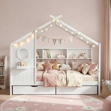 Artiss Kids Single Bed Frame with 3 Storage Bookcase & 2 Drawers House Bed Solid Wood Montessori Bed Easy Assembly White.
