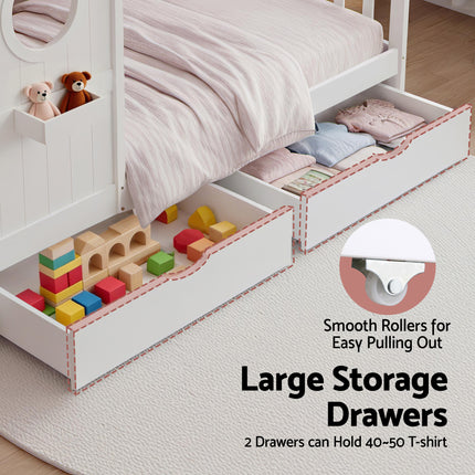Artiss Kids Single Bed Frame with 3 Storage Bookcase & 2 Drawers House Bed Solid Wood Montessori Bed Easy Assembly White.