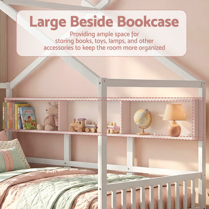 Artiss Kids Single Bed Frame with 3 Storage Bookcase & 2 Drawers House Bed Solid Wood Montessori Bed Easy Assembly White.