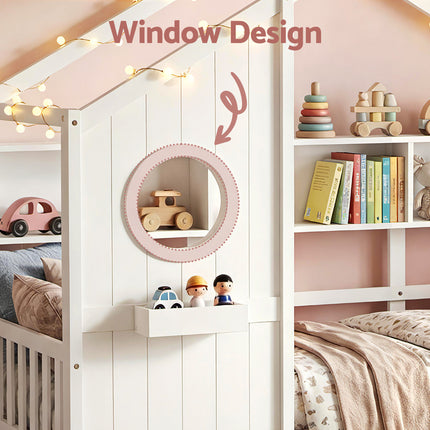 Artiss Kids Single Bed Frame with 3 Storage Bookcase & 2 Drawers House Bed Solid Wood Montessori Bed Easy Assembly White.
