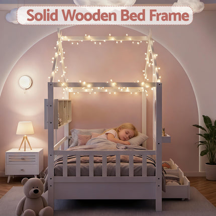 Artiss Kids Single Bed Frame with 3 Storage Bookcase & 2 Drawers House Bed Solid Wood Montessori Bed Easy Assembly White.