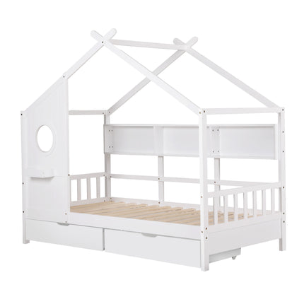 Artiss Kids Single Bed Frame with 3 Storage Bookcase & 2 Drawers House Bed Solid Wood Montessori Bed Easy Assembly White.