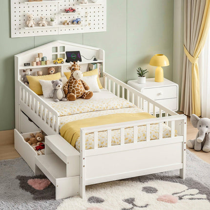 Artiss Single Bed Frame with 2 Storage Drawers, Montessori Bed with Headboard, 2 USB Ports & Led Light, Solid Wood Platform Bed Base with Safety Rail & Ladder, 31CM Under-Bed Storage, White.