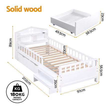 Artiss Single Bed Frame with 2 Storage Drawers, Montessori Bed with Headboard, 2 USB Ports & Led Light, Solid Wood Platform Bed Base with Safety Rail & Ladder, 31CM Under-Bed Storage, White.