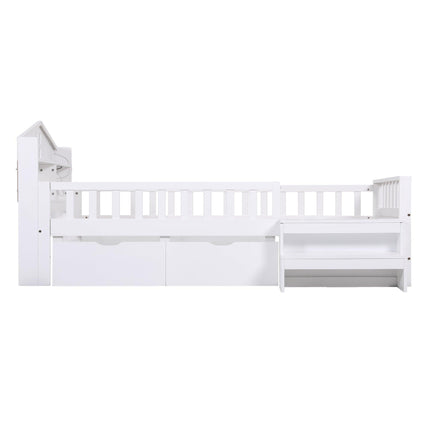 Artiss Single Bed Frame with 2 Storage Drawers, Montessori Bed with Headboard, 2 USB Ports & Led Light, Solid Wood Platform Bed Base with Safety Rail & Ladder, 31CM Under-Bed Storage, White.