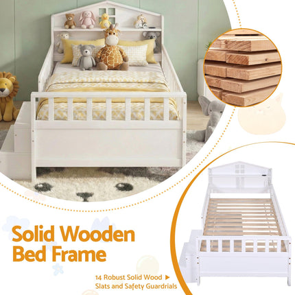 Artiss Single Bed Frame with 2 Storage Drawers, Montessori Bed with Headboard, 2 USB Ports & Led Light, Solid Wood Platform Bed Base with Safety Rail & Ladder, 31CM Under-Bed Storage, White.