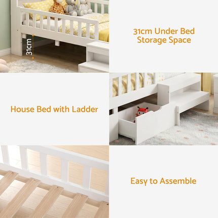 Artiss Single Bed Frame with 2 Storage Drawers, Montessori Bed with Headboard, 2 USB Ports & Led Light, Solid Wood Platform Bed Base with Safety Rail & Ladder, 31CM Under-Bed Storage, White.