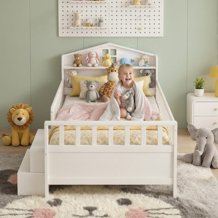 Artiss Single Bed Frame with 2 Storage Drawers, Montessori Bed with Headboard, 2 USB Ports & Led Light, Solid Wood Platform Bed Base with Safety Rail & Ladder, 31CM Under-Bed Storage, White.