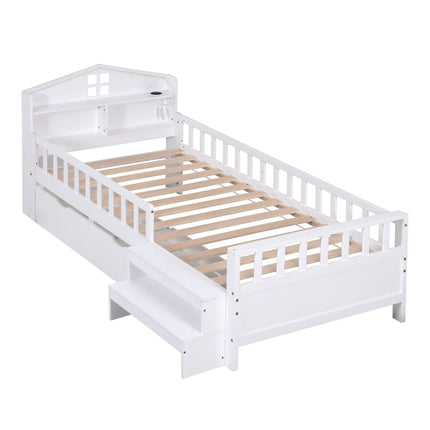 Artiss Single Bed Frame with 2 Storage Drawers, Montessori Bed with Headboard, 2 USB Ports & Led Light, Solid Wood Platform Bed Base with Safety Rail & Ladder, 31CM Under-Bed Storage, White.