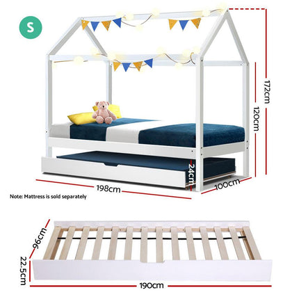 Artiss Bed Frame Wooden Trundle Daybed Kids House Frame White HOLY.