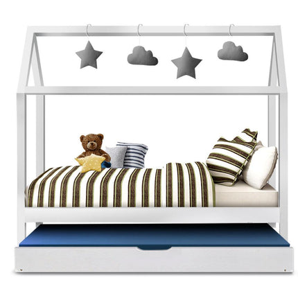 Artiss Bed Frame Wooden Trundle Daybed Kids House Frame White HOLY.