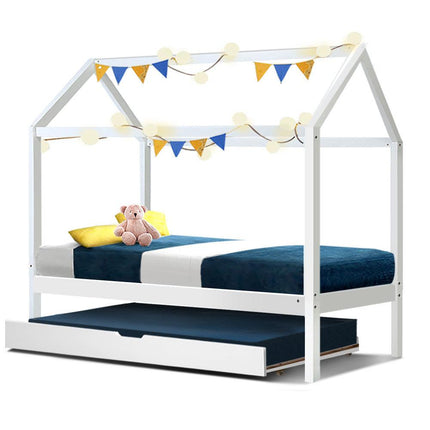 Artiss Bed Frame Wooden Trundle Daybed Kids House Frame White HOLY.