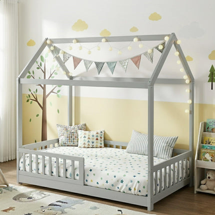 Artiss Bed Frame Wooden Kids House Frame Grey ROCK.