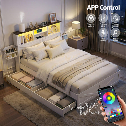 Artiss Queen Bed Frame with Storage Drawers White Platform Bedframe with Bookcase Headboard Charging Station Led Light.
