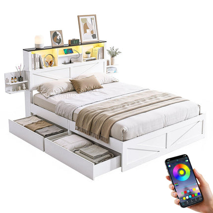 Artiss Queen Bed Frame with Storage Drawers White Platform Bedframe with Bookcase Headboard Charging Station Led Light.