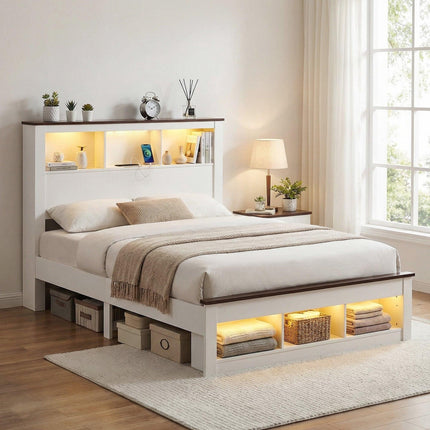 Artiss Double Bed Frame with Storage Bookcase Headboard and Footboard White Wooden Platform Bed with Charging Station and Led Light Bedroom Furniture.