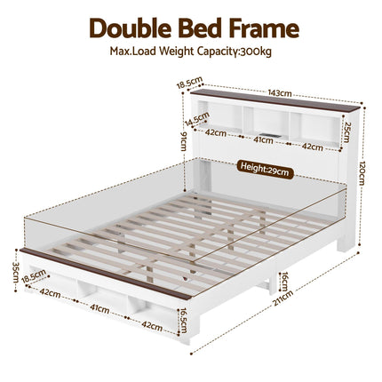 Artiss Double Bed Frame with Storage Bookcase Headboard and Footboard White Wooden Platform Bed with Charging Station and Led Light Bedroom Furniture.