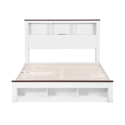 Artiss Double Bed Frame with Storage Bookcase Headboard and Footboard White Wooden Platform Bed with Charging Station and Led Light Bedroom Furniture.