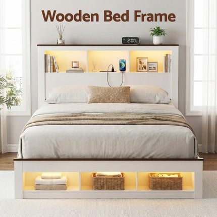Artiss Double Bed Frame with Storage Bookcase Headboard and Footboard White Wooden Platform Bed with Charging Station and Led Light Bedroom Furniture.