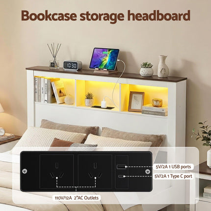Artiss Double Bed Frame with Storage Bookcase Headboard and Footboard White Wooden Platform Bed with Charging Station and Led Light Bedroom Furniture.