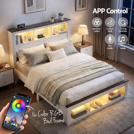 Artiss Double Bed Frame with Storage Bookcase Headboard and Footboard White Wooden Platform Bed with Charging Station and Led Light Bedroom Furniture.