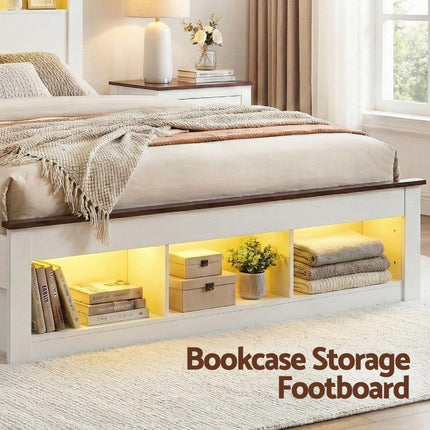 Artiss Double Bed Frame with Storage Bookcase Headboard and Footboard White Wooden Platform Bed with Charging Station and Led Light Bedroom Furniture.