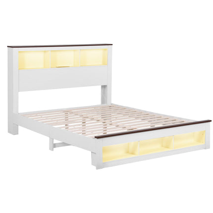 Artiss Double Bed Frame with Storage Bookcase Headboard and Footboard White Wooden Platform Bed with Charging Station and Led Light Bedroom Furniture.