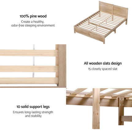Artiss Bed Frame Double Size Wooden Acacia Wood OATMEAL.