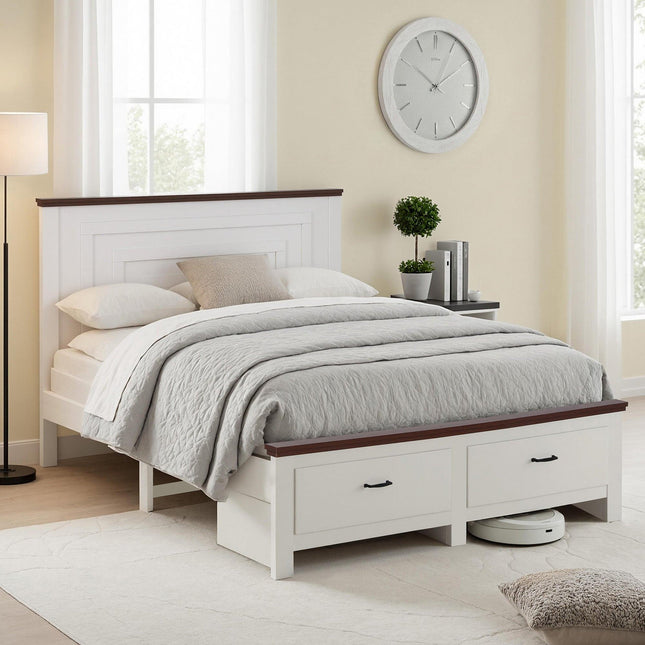 Artiss Double Wooden Bed Frame with 2 Drawer Platform Bed with 108cm Solid High Headboard White Bed Base for Bedroom Easy Assembly.
