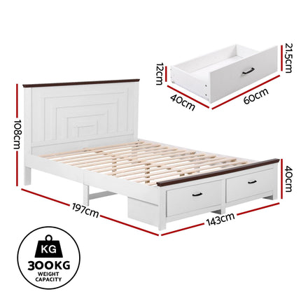 Artiss Double Wooden Bed Frame with 2 Drawer Platform Bed with 108cm Solid High Headboard White Bed Base for Bedroom Easy Assembly.
