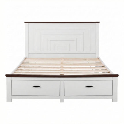 Artiss Double Wooden Bed Frame with 2 Drawer Platform Bed with 108cm Solid High Headboard White Bed Base for Bedroom Easy Assembly.