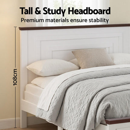Artiss Double Wooden Bed Frame with 2 Drawer Platform Bed with 108cm Solid High Headboard White Bed Base for Bedroom Easy Assembly.