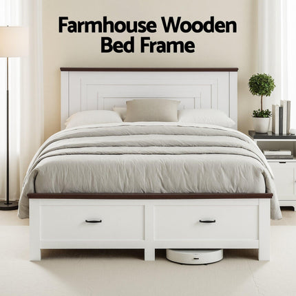 Artiss Queen Wooden Bed Frame with 2 Drawer Platform Bed with 108cm Solid High Headboard White Bed Base for Bedroom Easy Assembly.