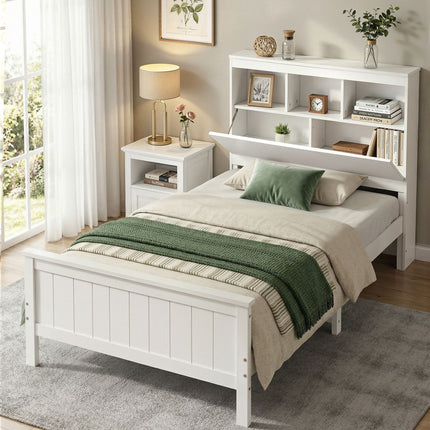 Artiss Single Bed Frame with Storage Headboard and Footboard Wooden Bed Base White.