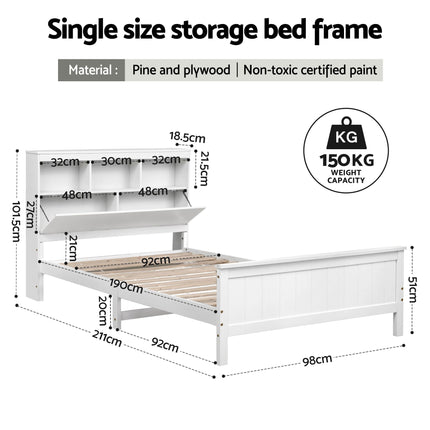 Artiss Single Bed Frame with Storage Headboard and Footboard Wooden Bed Base White.
