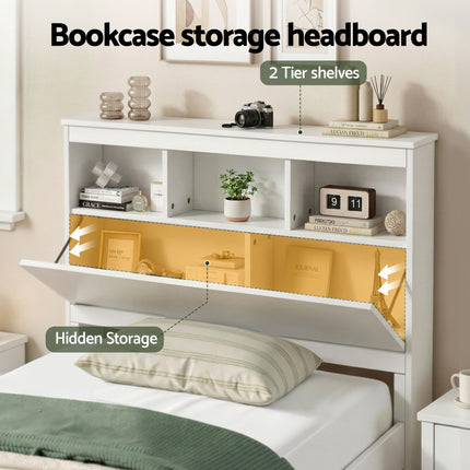 Artiss Single Bed Frame with Storage Headboard and Footboard Wooden Bed Base White.
