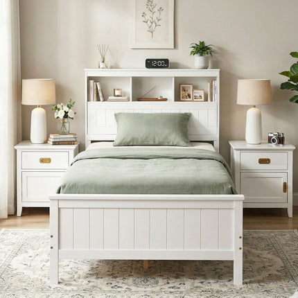 Artiss Single Bed Frame with Storage Headboard and Footboard Wooden Bed Base White.