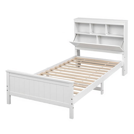 Artiss Single Bed Frame with Storage Headboard and Footboard Wooden Bed Base White.
