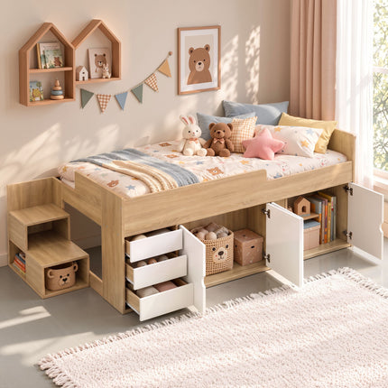 Artiss King Single Bed Frame with Storage, 3 Drawers and Two-Step Access, 2 Cabinets