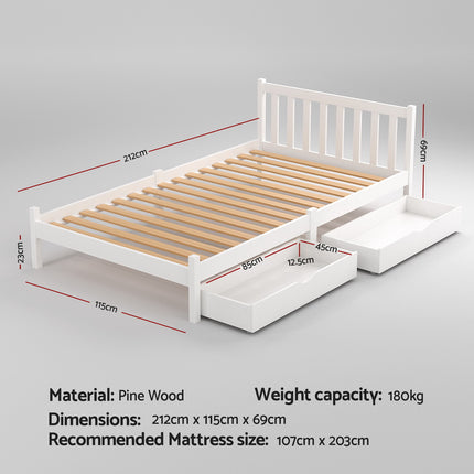 Artiss Bed Frame King Single Size Wooden Platform with 2 Storage Drawers White.