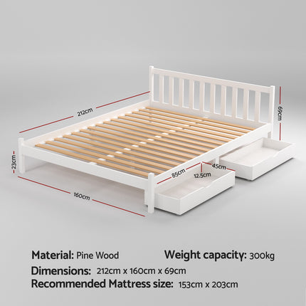 Artiss Bed Frame Queen Size Wooden Platform with 2 Storage Drawers White.